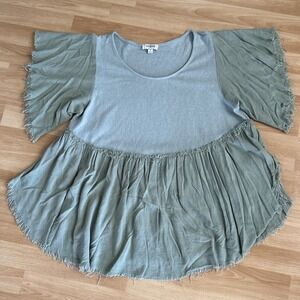 Umgee Olive Green‎ Shirt With Frayed Edges Size Medium Boho Chic Hippie Boutique